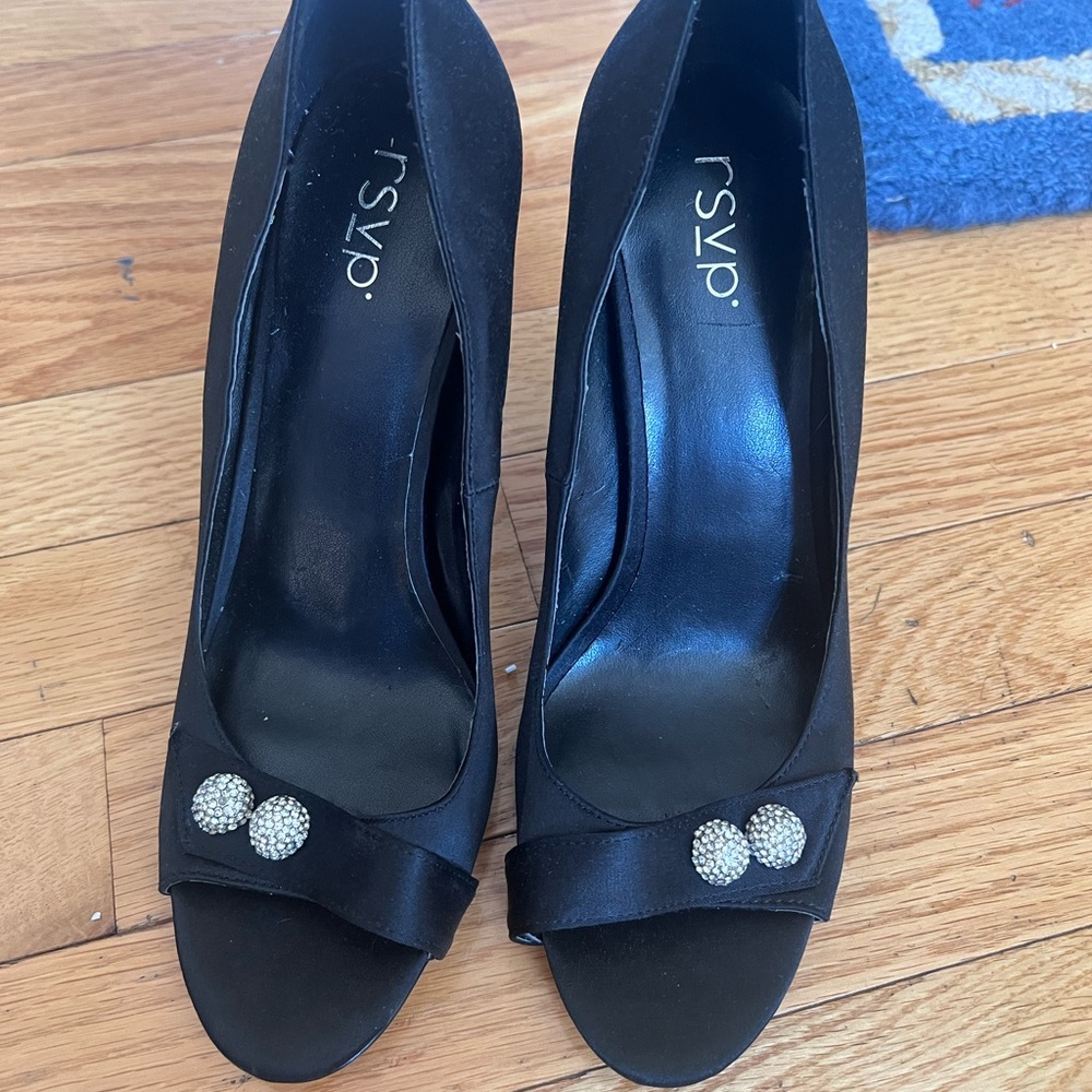 RSVP Black Peep-Toe Heels with Rhinestone Detail